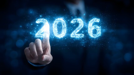 Poster - businessman touching a virtual screen with the numbers 2026 representing new goals plans and opportu