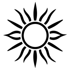 Poster - Minimalist black and white sun icon with alternating pointed and curved rays, stylized solar symbol in vector flat design for energy and nature concepts