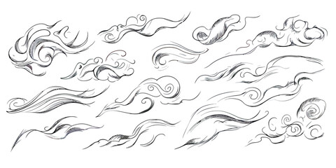Poster - Hand drawn doodle wind and air motion line art collection with swirling smoke flow and abstract breeze elements in minimalist sketch style vector illustration
