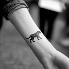 Fototapete - Elegant Feline Tattoo: A Black and White Close-Up of an Arm with a Detailed and Decorative Panther Design