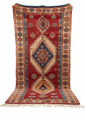 Poster - Handmade red wool rug with geometric patterns and fringe, traditional home decor element.