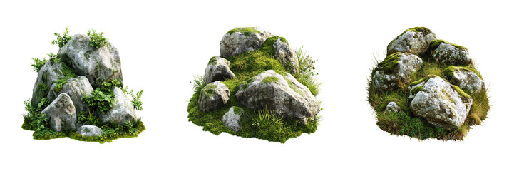 Wall Mural - rock formations with moss and grass set. natural landscape elements collection isolated on transpare