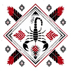 Poster - Geometric Scorpion Motif: Red, Black, and White Abstract Pattern with Ornamental Details