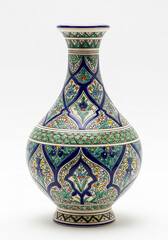 Poster - Decorative ceramic vase with traditional floral pattern, blue and green colors, isolated on white background.