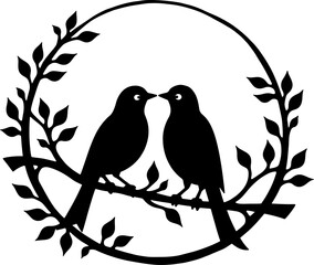  Design features black bird silhouette perched on a branch with leaves enclosed in a circle 
