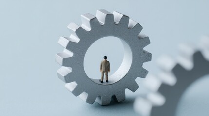 Poster - intriguing image of a person inside a gear wheel representing labor market reshaping in a quantum-mo