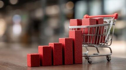 Poster - shopping cart filled with red blocks representing consumer affordability trends in a real-time econo