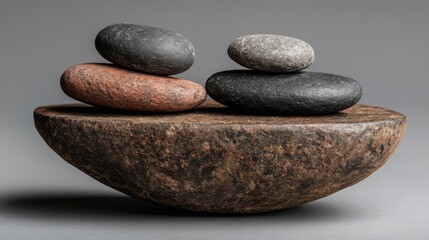 Poster - A bowl with three rocks on top illustrating real-time sovereign asset-to-liability balance tool icon concept