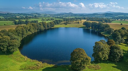 Naklejka na meble High-angle view of a tranquil lake surrounded by lush greenery.