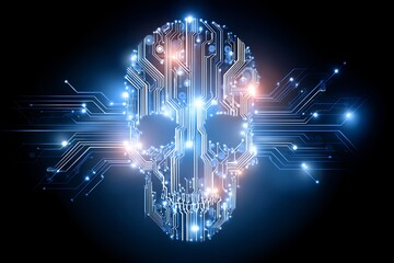Fototapete - Glowing Blue Circuit Board Skull Digital Art Abstract Technology Background