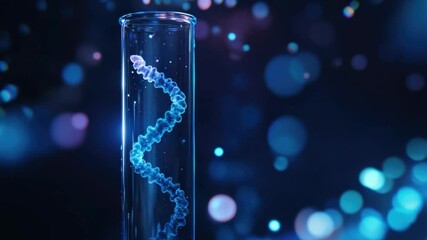Poster - Blue DNA Helix in Test Tube with Colorful Bokeh Background for Science and Biology Concepts 4k video footage