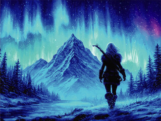majestic fantasy vector illustration of female warrior standing under northern lights aurora in snow