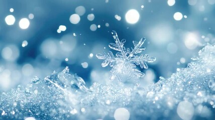 Poster - delicate snowflake on glimmering winter background with soft blue bokeh effect and sparkling ice cry