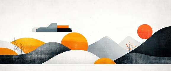 Poster - Abstract landscape with minimalist hills and sun