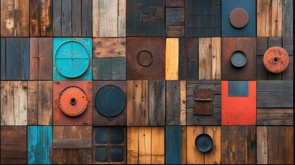 Poster - Colorful wooden wall art, featuring a mosaic of painted wood squares, with various circular metal accents
