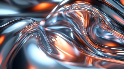 Poster - Abstract metallic liquid flow.  Dynamic, flowing curves of reflective, shimmering metal