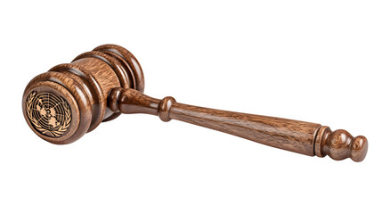 Fototapete - A classic judge?s gavel engraved with UN emblem, symbolizing justice in public governance, isolated on Transparent Background