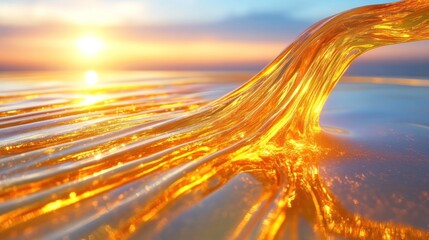 Poster - Golden liquid flows over water at sunset