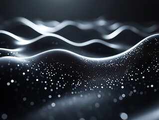 Poster - Abstract shimmering wave landscape with illuminated particles and flowing curves