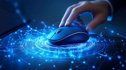 Fototapete - Hand Using Mouse on Abstract Digital Background with Network Connection