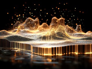 Poster - Abstract golden landscape with glowing particles and reflective lines background