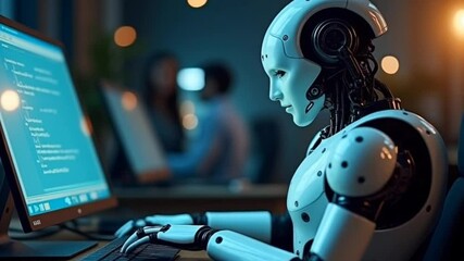 AI humanoid robot coding on desktop computer at night office, seamless looping 4k time-lapse animation video background