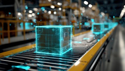 Poster - digitization process ,Futuristic conveyor belt with glowing digital boxes, representing automated logistics and smart manufacturing technology in a modern industrial setting.
