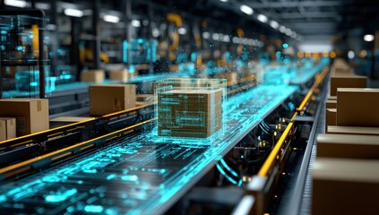 Poster - digitization process ,Futuristic automated assembly line with glowing digital interfaces and high-tech packaging in a smart factory setting.