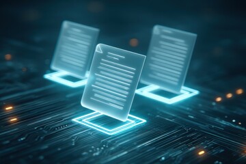 Poster - digitization process ,Digital documents floating above a glowing circuit board, representing data storage and electronic file management.