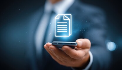 Poster - digitization process ,A person holds a smartphone displaying a glowing digital document icon, symbolizing mobile document management and digital transformation.