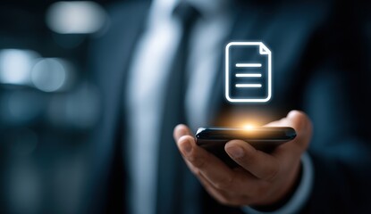 Poster - digitization process ,A person holds a smartphone displaying a glowing digital document icon, symbolizing mobile document management and digital transformation.