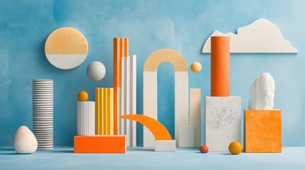 Poster - Abstract geometric shapes in vibrant colors against a light teal background.  