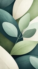 Poster - Abstract botanical leaf design, featuring overlapping pastel green, teal, and cream colored leaves on a dark background