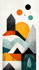 Poster - Abstract cityscape with mountains and celestial bodies.  Layered geometric shapes, vibrant colors, and textured elements create a whimsical landscape