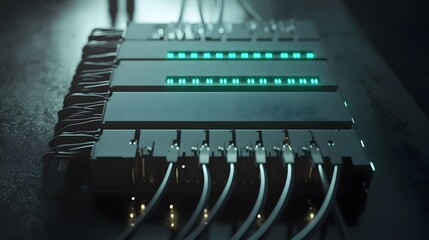 Fototapete - Modern Server Devices with Light Indicators and Cables in Dark Setting