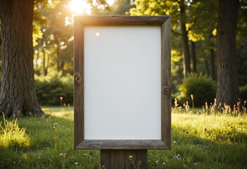 Poster - Blank Vertical Sign in Summer Park Setting Offers Perfect Mockup for Nature Branding Designs