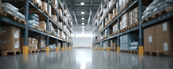 Poster - digitization process ,Spacious warehouse aisle with shelves stacked with boxes and inventory, illuminated by bright ceiling lights.