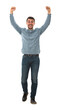 © 1STunningART - Full length portrait of a cheerfull young man celebrating as raising hands up like a winner isolated on transparent background