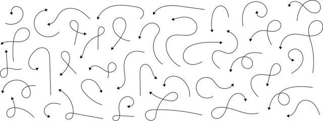 Poster - Hand drawn arrows. Hand drawn freehand different curved lines, swirls arrows. Curved arrow line. Doodle, sketch style. Isolated Vector illustration.