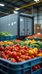 Poster - A warehouse filled with crates of fresh produce, including tomatoes, peppers, and cucumbers.