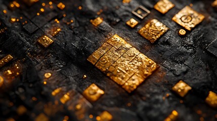 Poster - Abstract golden cubes on textured dark surface, luxurious design concept