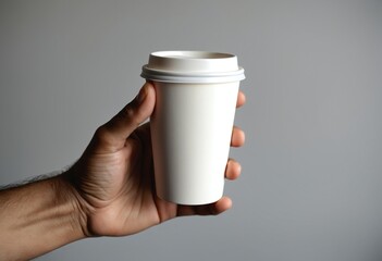 Fototapete - Male hand holding a paper coffee cup mockup, isolated against a light gray background