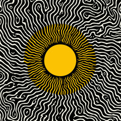Aufkleber - Abstract vector illustration featuring a yellow circle at the center, surrounded by wavy black lines in a hypnotic, organic Op Art style, reflecting today's trending retro and psychedelic aesthetics.