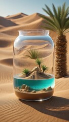 Poster - A clear glass jar containing sand, rocks, and a small plant in blue water, set against a desert backdrop.