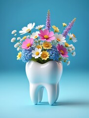 Poster - A tooth-shaped vase filled with colorful flowers.