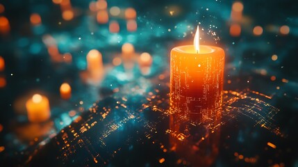 Poster - Digital Serenity: A Candle's Warm Glow in the Tech-Infused Nightscape