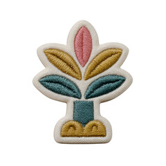 colorful embroidered patch features stylized plant design with pink, yellow, and teal leaves, creati