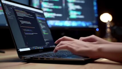 Close-up of asian female software developer hand typing on keyboard, female freelance type write prompt AI bot IT app smart programming. code on laptop Screens