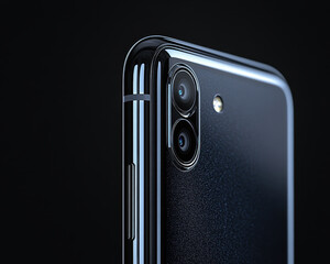 Poster - close-up of modern smartphone with dual camera feature on sleek design against black background