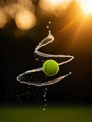 Poster - A yellow tennis ball in mid-air, surrounded by droplets of water, indicating it has been hit hard.